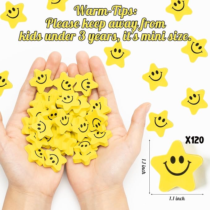 120pcs Star with Smile Face Mini Erasers Fun Smiley Face Yellow Cartoon Eraser Assortment Cute Smiling Desk Puzzle Erasers for Kids School Carnival Reward Student Prizes Birthday Gifr Filler