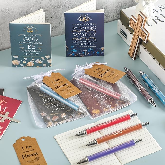 200 Pcs Bible Verse Sets Church Christian Gift Include 50 Scripture Notebooks 50 Bible Bamboo Pens 50 Thanks Tags 50 Organza Bags for Women Man Christian Party Gifts(Multicolor,Classic)