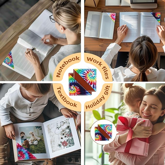 4 Pieces Leather Bookmarks, Cute Book Accessories for Reading Lovers, Page Markers for Women Men Kids Students Teachers Retirement Birthday Gift (Tie-Dye Print)
