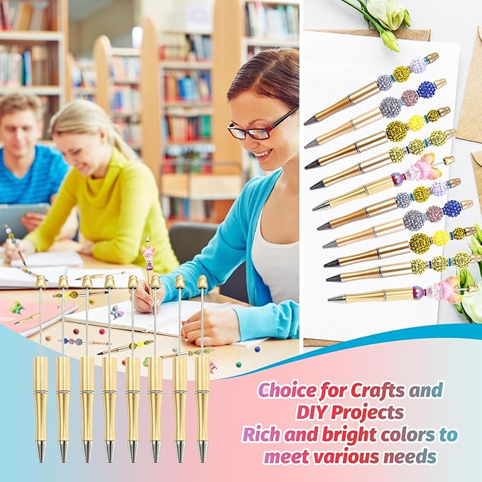 15 Pieces Beadable Pens - Beaded Pens Plastic Diy Black Ink Ballpoint Pens Bulk - Bead Pens Suitable For Teacher, Students, Office, School, Graduation Gift Supplies(Golden)