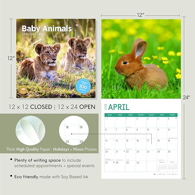 2025 Baby Animals Monthly Wall Calendar by Bright Day, Includes Over 300 Stickers, 12 x 12 Inch