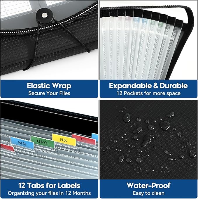 12-Pocket-Expanding File-Folder,Accordion-File-Organizer, A4/US Letter Size Paper Receipt Organizer Accordian Filing Folders (Black-T-12 Pockets)