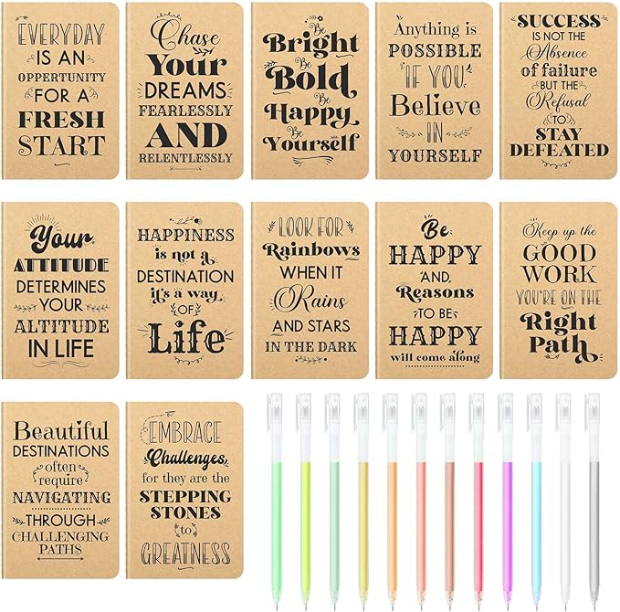 12 Pcs Mini Inspirational Notebooks Bulk with 12 Pcs Colorful Pens, Small Pocket Journal Notepads Set, Motivational Bulk Gifts for Women Men Teacher Student Kids,Fun School Office Supplies,3.5"x5.5"