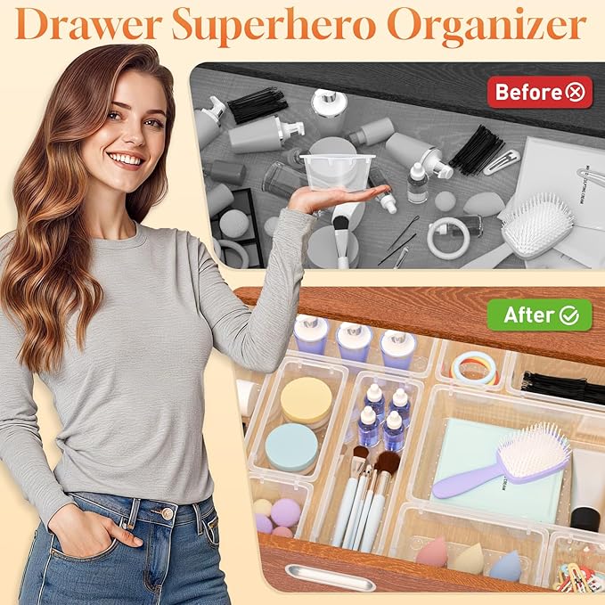 63 PCS Clear Plastic Drawer Organizers Set, 4-Size Versatile Bathroom and Vanity Organizer Trays, Non-Slip Storage Containers for Makeup, Jewelries, Bedroom,Kitchen Utensils and Office