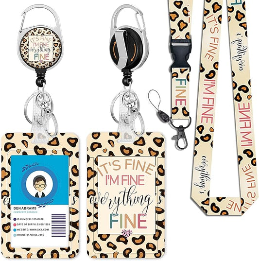 ID Badge Holder with Breakaway Lanyard, Retractable Badge Reel Heavy Duty, It's Fine I'm Fine Lanyards for ID Badges Ajustable, Teacher Nurse Work Office Gifts