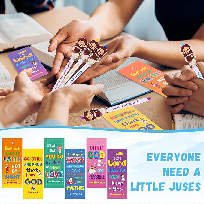 120 Pcs Christian Pens Cards Gift Bulk 60 Mini Jesus Pens with 60 Bible Verse Bookmarks Religious Ballpoint Pens with Inspirational Quotes for Kid Christian Party Favors Baptism Gifts