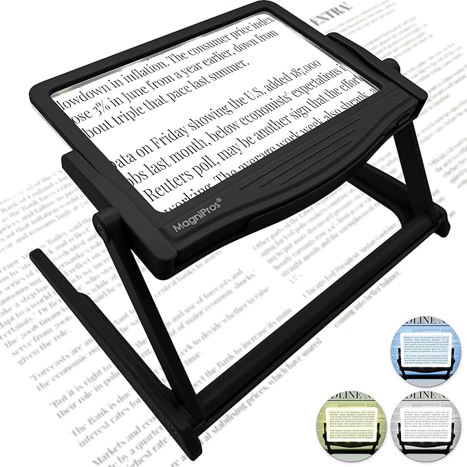 MAGNIPROS Patented 5X Large LED Page Magnifier with Detachable Hands-Free Stand, 3 Color Light Modes, Anti-Glare Lens for Eye Strain Relief β Perfect for Reading, Crafting, Low Vision & Seniors