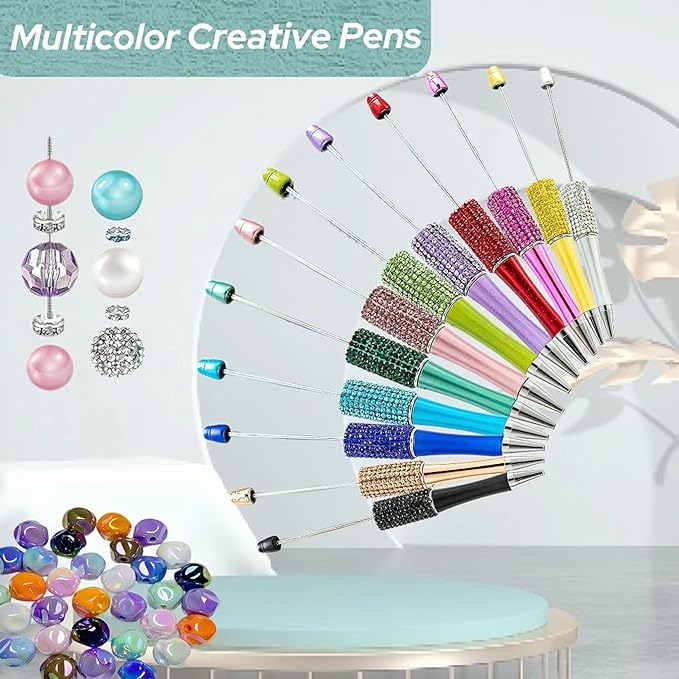 12Pcs Beadable Pens Bulk Diamond Ballpoint Pens Multicolor Retractable Writing Pens Bead Pens DIY Focal Beads Pens Making Kit Gifts for School Office Teacher Staff Students