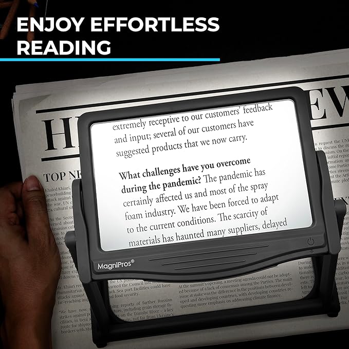 MAGNIPROS Patented 5X Large LED Page Magnifier with Detachable Hands-Free Stand, 3 Color Light Modes, Anti-Glare Lens for Eye Strain Relief β Perfect for Reading, Crafting, Low Vision & Seniors