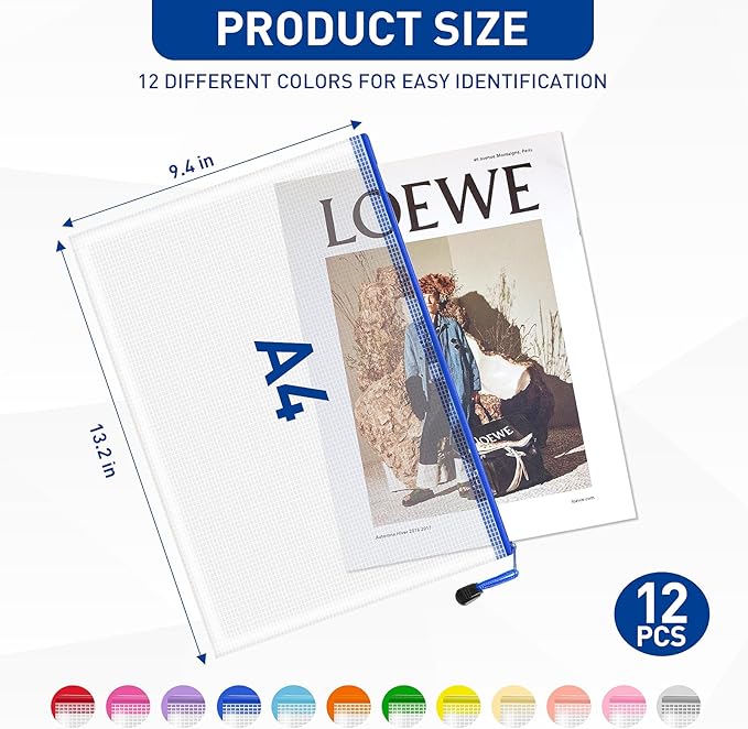 12pcs Zipper Pouch, A4 Zip Bags, 12 Colors Organization Pouches, File Bags, Clear Pouch, Plastic Zipper Bags, Reusable Zipper Pouches, Storage Bags for Toys, Paper, School Office Supplies