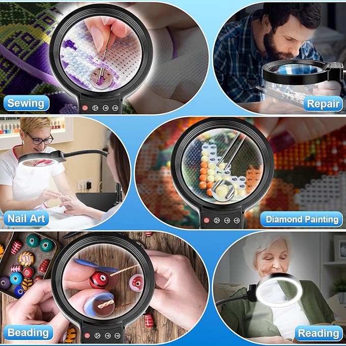 30X 10X Magnifying Glass with Light and Stand, 72 LED 3 Color Modes Stepless Dimmable, Hands Free Lighted Magnifier Desk Lamp for Close Work Craft Hobby Painting Sewing Jewelry Reading, Square