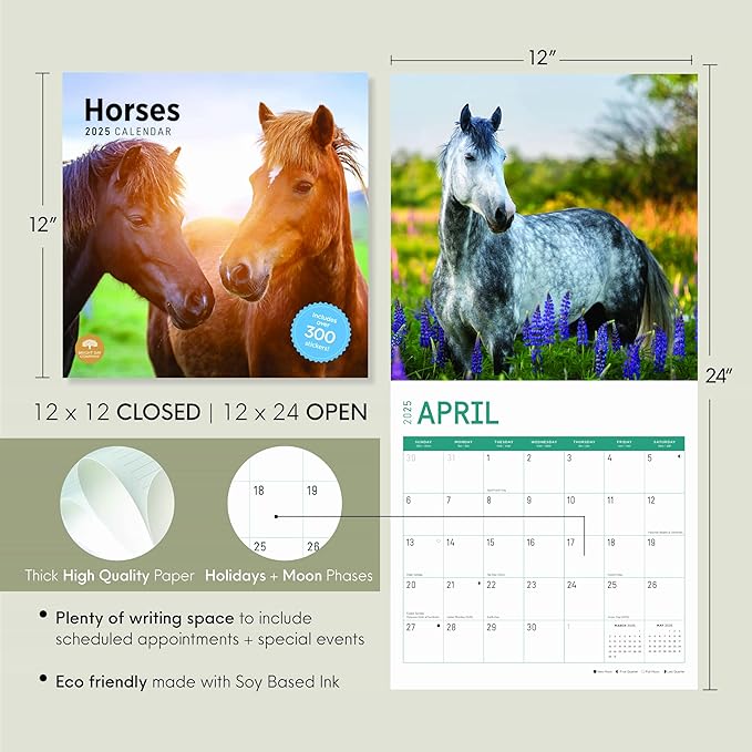 2025 Horses Monthly Wall Calendar by Bright Day, Includes Over 300 Stickers, 12 x 12 Inch