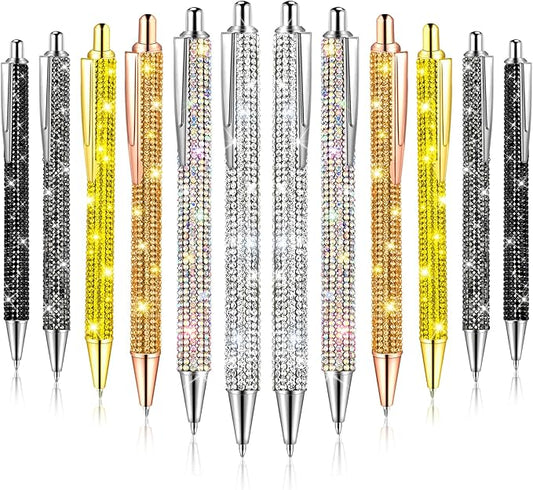 12Pcs Rhinestone Pens Bling Metal Ballpoint Diamond Pens Bulk Fancy Sparkly Crystal Press Retractable Black Ink 0.7mm For Women Office Meeting Birthday Supplies Wedding Gifts(6colors)