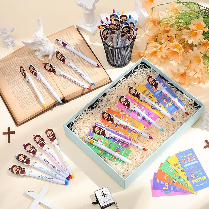 120 Pcs Christian Pens Cards Gift Bulk 60 Mini Jesus Pens with 60 Bible Verse Bookmarks Religious Ballpoint Pens with Inspirational Quotes for Kid Christian Party Favors Baptism Gifts