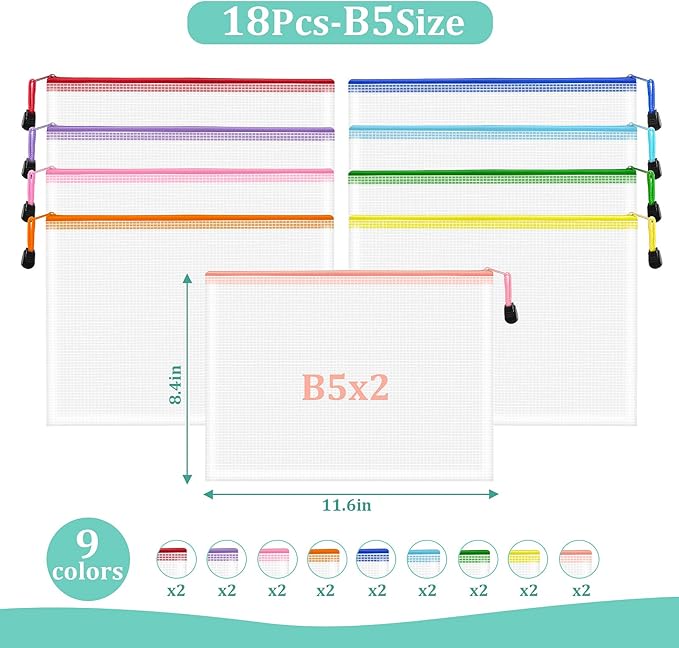 18pcs Mesh Zipper Pouch Bags, B5 Zipper Pouch, Mesh Bags With Zipper, Plastic Zipper Pouches, 9 Colors Zipper Pouches for Organizing, Board Game Storage, Travel, School Office organize