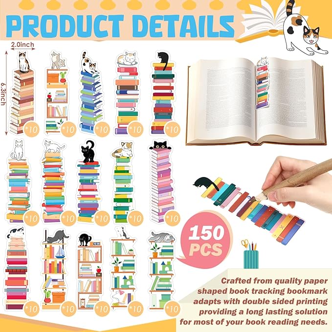 150 Pcs Book Tracker Bookmarks Bulk 6.3 x 1.97 Inch Bookshelf Design Bookmarks Paper Book Tracking Bookmark Double Sided Reading Page Markers for Book Lovers Students School (Cat)