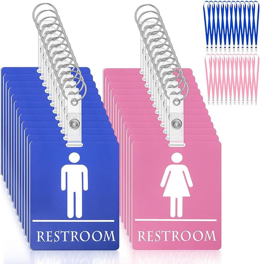 12 Set Bathroom Pass Restroom Pass with Key Holder Keychain with Lanyard PVC Blue and Pink Restroom Passes for Classrooms Women Men