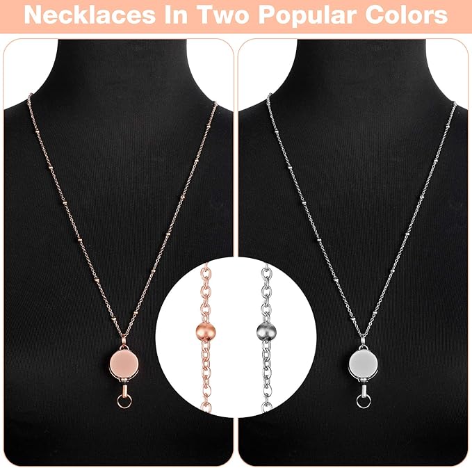 Outus 2 Pieces Badge Lanyard with ID Holders Stainless Steel Badge Holders Necklace Retractable Reel Clip Chain Water Resistant Name(Rose Gold, Silver)