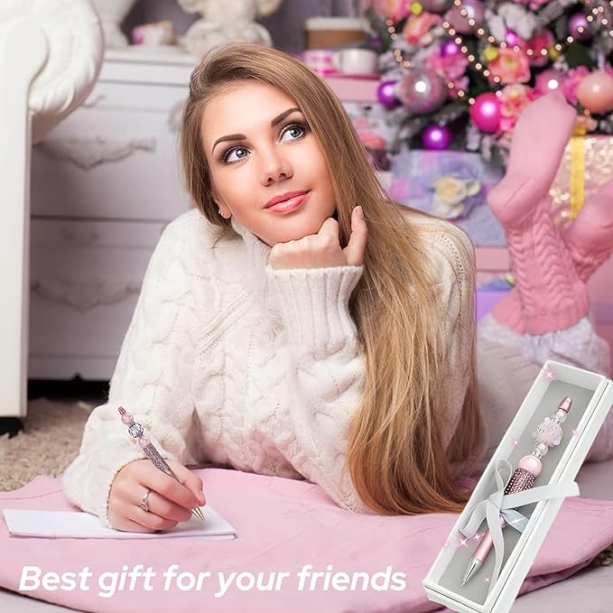 12Pcs Beadable Pens Bulk Diamond Ballpoint Pens Multicolor Retractable Writing Pens Bead Pens DIY Focal Beads Pens Making Kit Gifts for School Office Teacher Staff Students