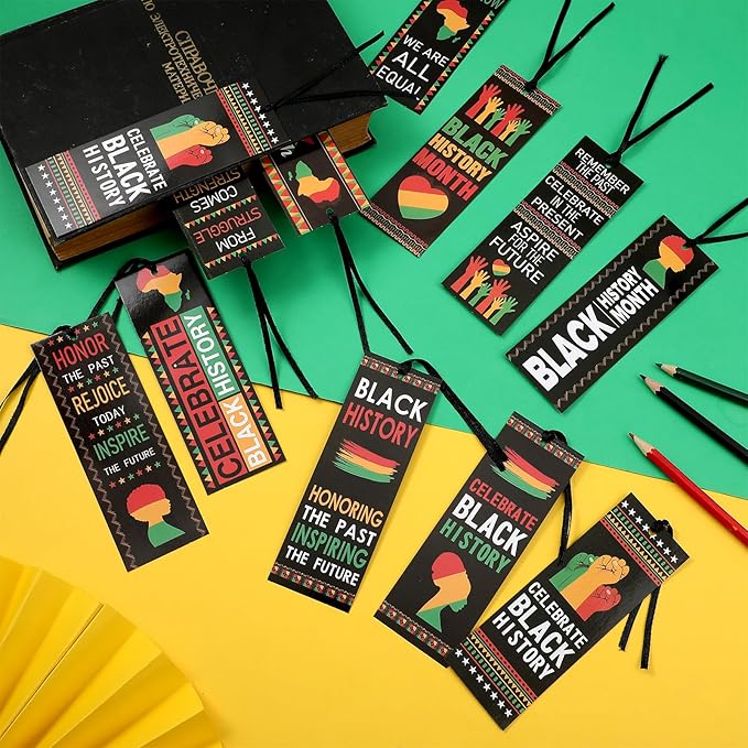 180 Pcs Black History Month Bookmarks Bulk 5.5 x 2'' Double Sided Inspirational Bookmarks African American Celebration Gifts with Ribbon for Women Men Black History Month Party Favors