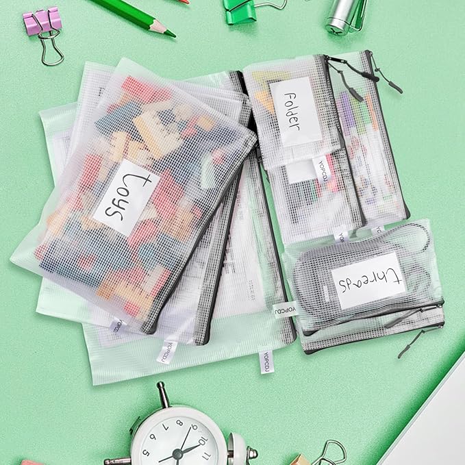 18 Pack 8 size Mesh zipper pouch bags, Zipper Bags with Label Pocket,File Bags for Classroom Organization,Zipper Pouches of office supplies,Puzzles, Board Game Storage