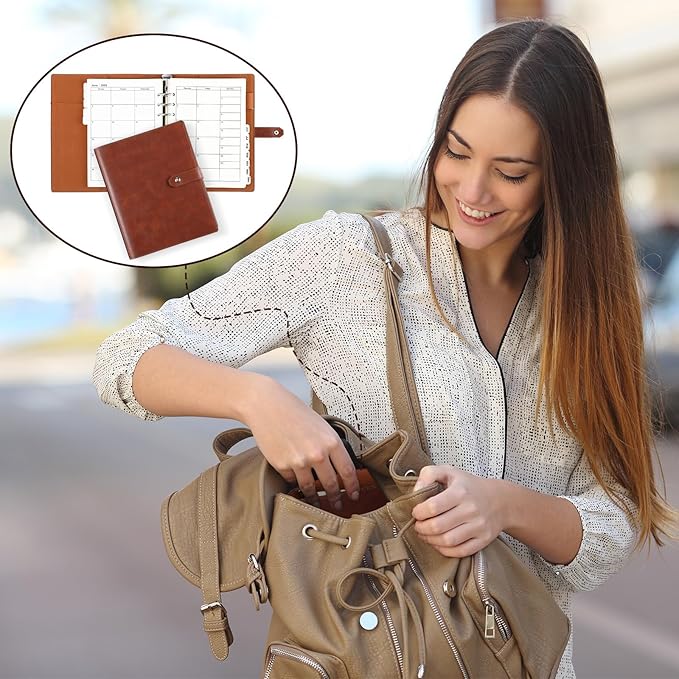 2025 Leather Planner A5 Leather 6 Ring Binder Planner Leather Binder Journal with Binder Pockets for Men and Women