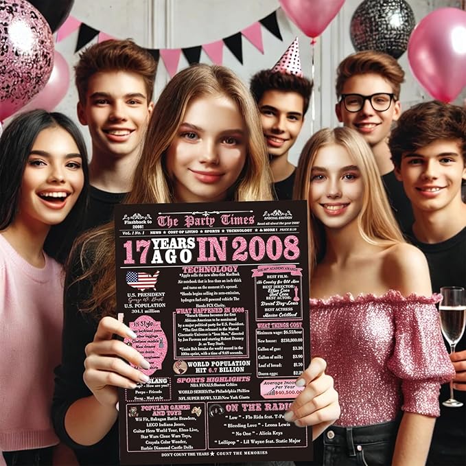 17th Birthday Card Gifts for Girls, Daughter, Niece, Granddaughter, 17th Birthday Decorations for Girls, Large Birthday Card for 17 Year Old, Funny Back in 2008 Birthday Card, Rose Pink Gold