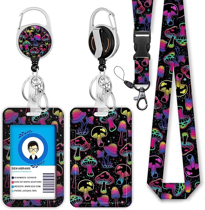 Teacher Lanyards for ID Badges and Keys, Retractable ID Badge Holder with Lanyard, Cute Mushroom Badge Reel Heavy Duty with 360 Degrees Rotate Carabiner Clip, Nurse Student Office Gifts