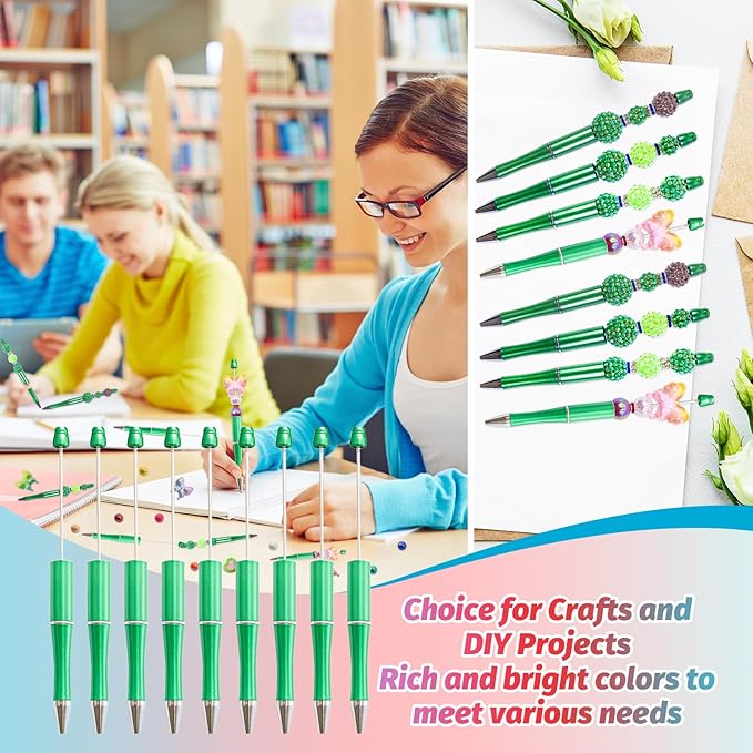 15 Pieces Beadable Pens - Beaded Pens Plastic Diy Black Ink Ballpoint Pens Bulk - Bead Pens Suitable For Teacher, Students, Office, School, Graduation Gift Supplies(Green)