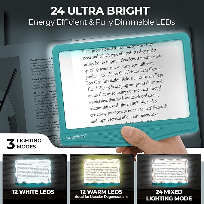 MagniPros 5X Large LED Page Magnifier for Reading with 3 Color Lighting Modes & Anti-Glare Lens to Reduce Eye Strain-Perfect for Small Prints, Aging Eyes, Low Vision and Seniors