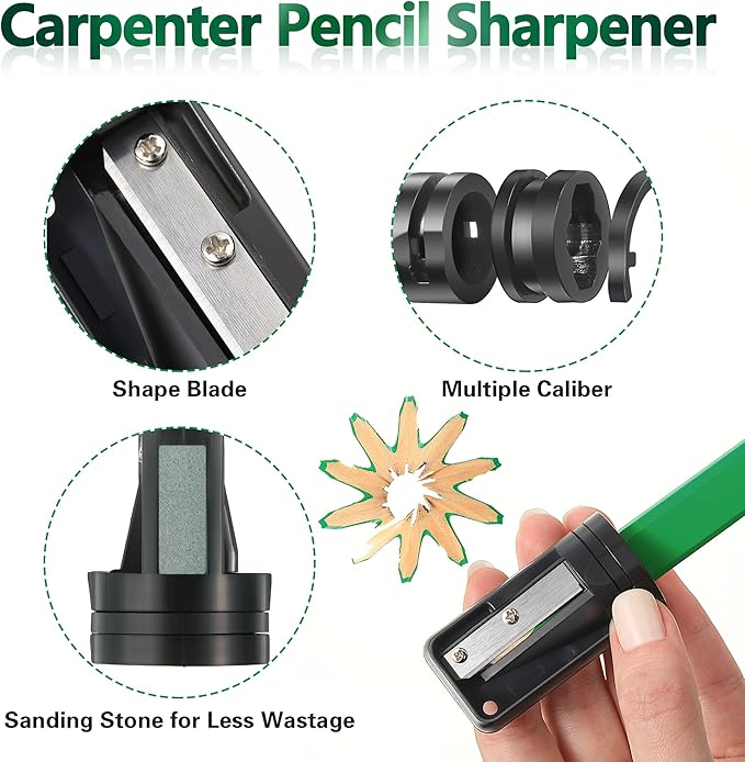 14 Pcs Carpenter Pencils, 7 Inches Flat Octagonal Hard Black Woodworking Construction Pencils Heavy Duty with Pencil Sharpener and Retractable Pencil Holder for Contractor Carpentry (Green)