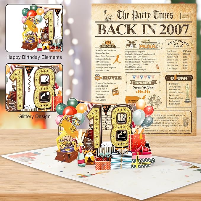 18th Birthday Card for Girls Boys, 3D Pop Up 18th Birthday Gifts Cards, Happy 18 Birthdays Decorations for 18 Year Old Son Daughter, Funny Back In 2007, Classy Vintage