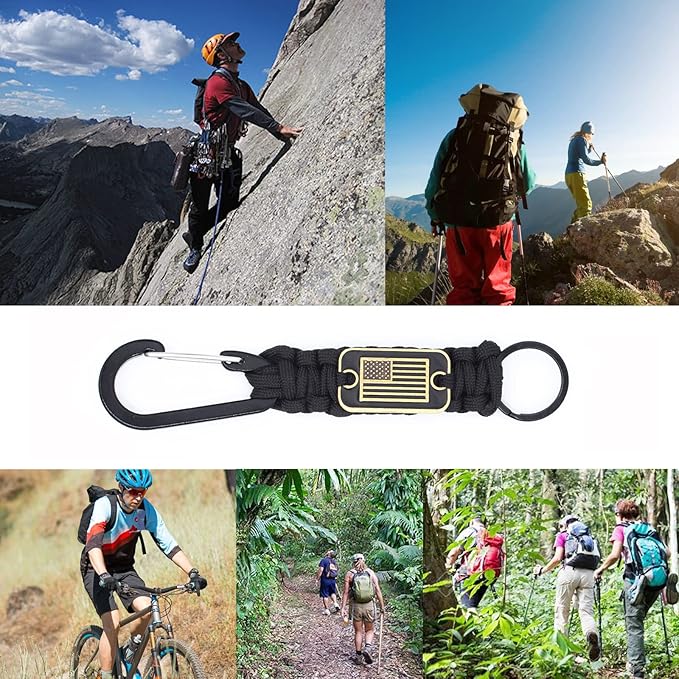 Paracord Keychain with USA Flag, Paracord Carabiner Keychain Clip, Braided Lanyard Utility Ring Hook Outdoor Camping Kit