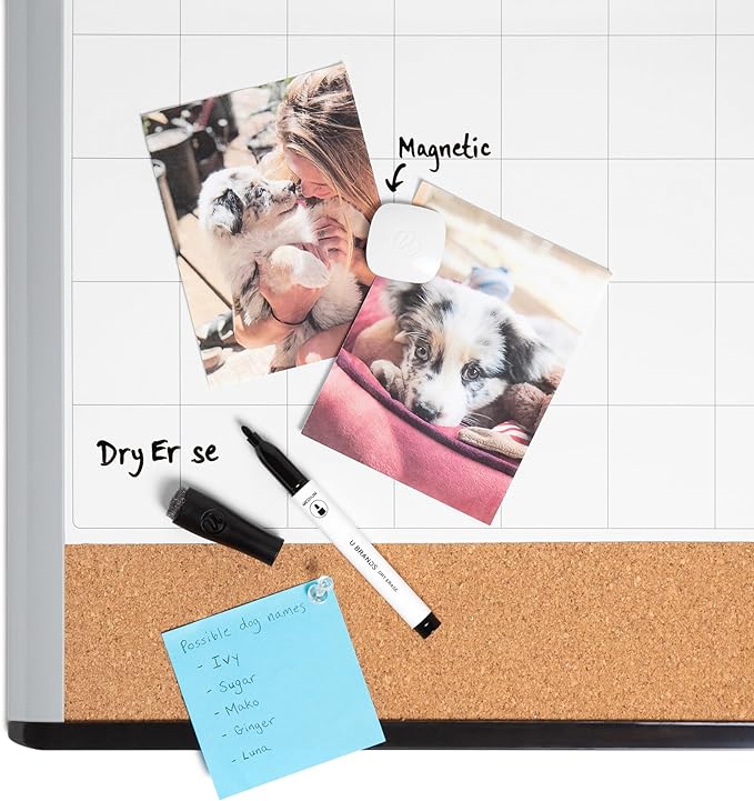 U Brands Magnetic Dry Erase 3-in-1 Calendar Board, 20"x16", Black and Gray Frame