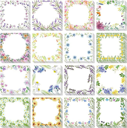16 Pieces Spring Wreath Sticky Notes Flower Notes Pads Self-Adhesive Floral Sticky Memo Notes for Spring School Work Office Home Supplies Students Teachers Present