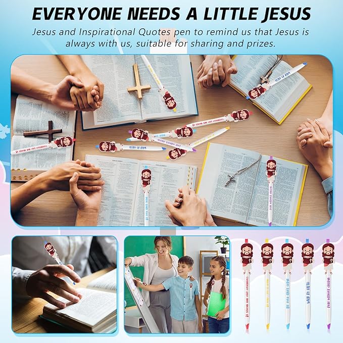 12 Pcs Christian Jesus Pens Bible Verse Pens for Kids Cute Jesus Ballpoint Pens with Inspirational Quotes Sunday Religious Pens for Classroom Prizes Church Christmas Easter Gift