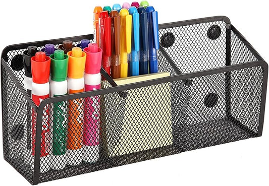 Magnetic Pencil Holder - Extra Strong Magnets Mesh Marker Holder Perfect for Whiteboard, Refrigerator and Locker Accessories (3 Baskets, 1 Pack Black)