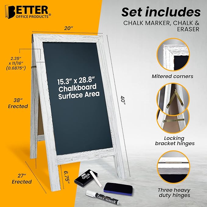 Better Office Products Magnetic A-Frame Chalkboard Sign, Extra Large 20" x 40", Standing Chalkboard Easel, with Chalk Marker + Chalk & Eraser, Sandwich Board Outdoor Sidewalk Sign,(Whitewash)
