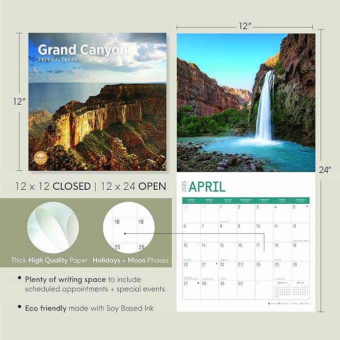 2025 Grand Canyon Monthly Wall Calendar by Bright Day, 12 x 12 Inch National Park Scenic Photography