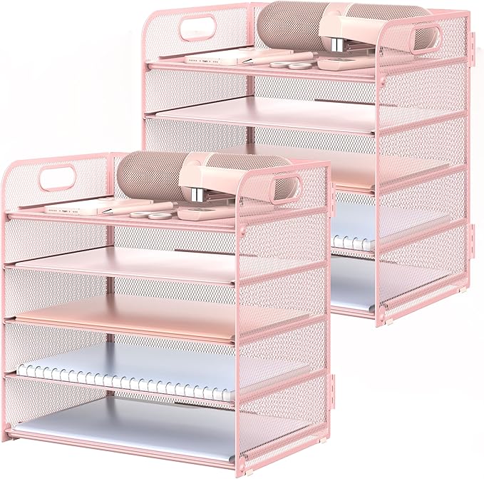 2 Pack Letter Tray Paper Organizer 5-Tier Desk Organizer File Organizer Paper Holder with Handle, Metal Desktop Document Shelf Tray Office Classroom Organization - Pink