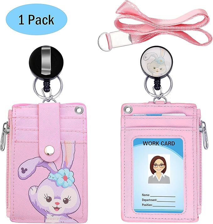 Cute ID Badge Holder Retractable Lanyard Reel Clip with Heavy Duty Carabiner,5 Card Slots in 2 Sided with Key Ring and Zipper for Students Teens Boys Girls Office Staff Women (Purple Rabbit)
