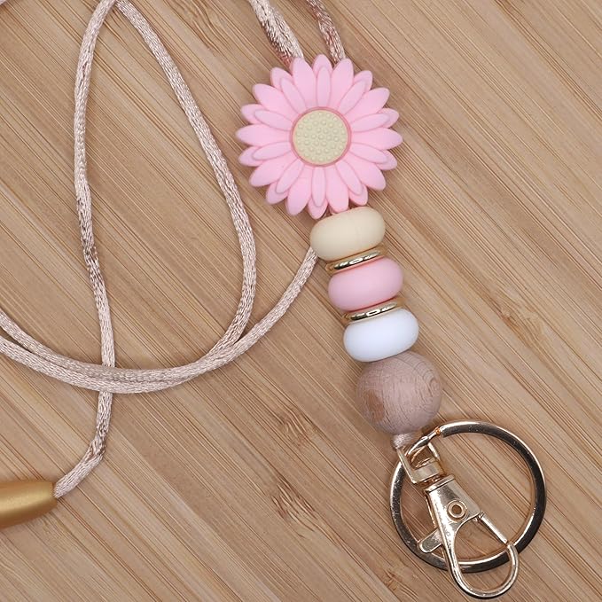 Flower Teacher Lanyards ID Badge and Key Chain, Cute Silicone Beads Lanyard for Women Nurse Work Student (Pink)