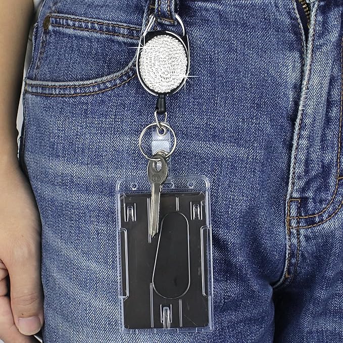 VIQWYIC Retractable ID Badge Holder with Bling Neck Strap Lanyard, Bling Badge Reel with Clear Card Holder for Office Worker Teacher Doctor (Silver)