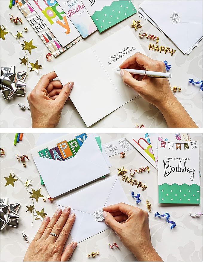 120 Happy Birthday Cards for Office, Business and Personal Use with Short Generic Message Inside, Assorted Greeting Notes Bulk with Envelopes and Stickers 4x6 Inch