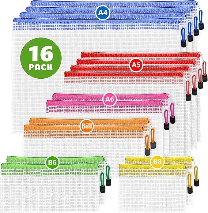 16 Pack Assorted Sizes Plastic Mesh Zipper Pouches for Storage & Organize Board Games - Puzzles - Documents - Bills - School and Office Supplies - Travel - Makeup - Multisize Mesh Zipper Pouch