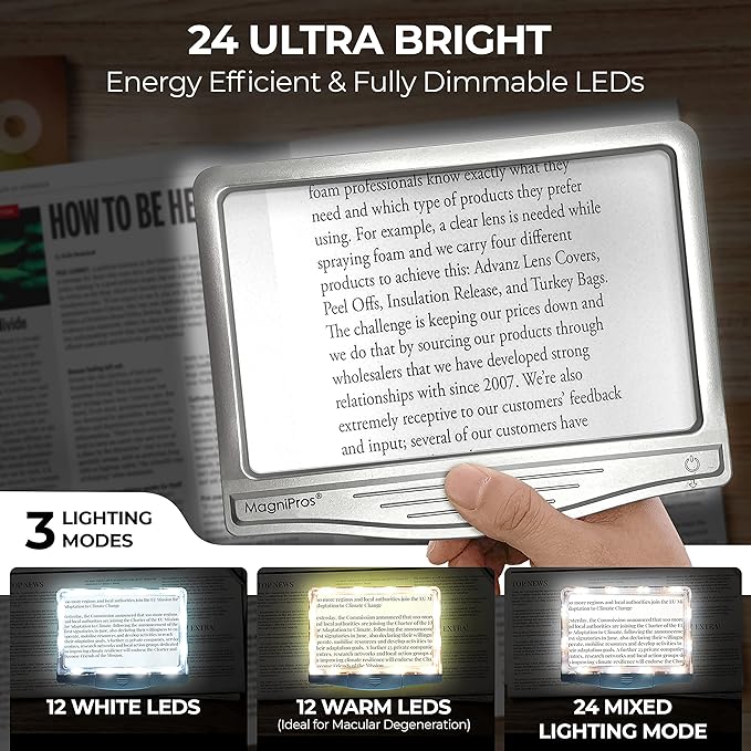 MAGNIPROS 5X Large LED Page Magnifier for Reading with 3 Color Lighting Modes & Anti-Glare Lens to Reduce Eye Strain-Perfect for Small Prints, Aging Eyes, Low Vision and Seniors