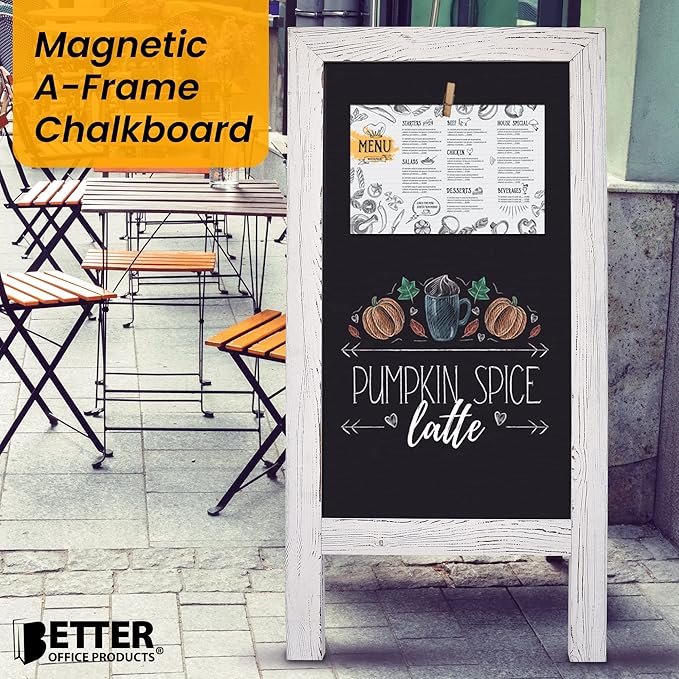 Better Office Products Magnetic A-Frame Chalkboard Sign, Extra Large 20" x 40", Standing Chalkboard Easel, with Chalk Marker + Chalk & Eraser, Sandwich Board Outdoor Sidewalk Sign,(Whitewash)