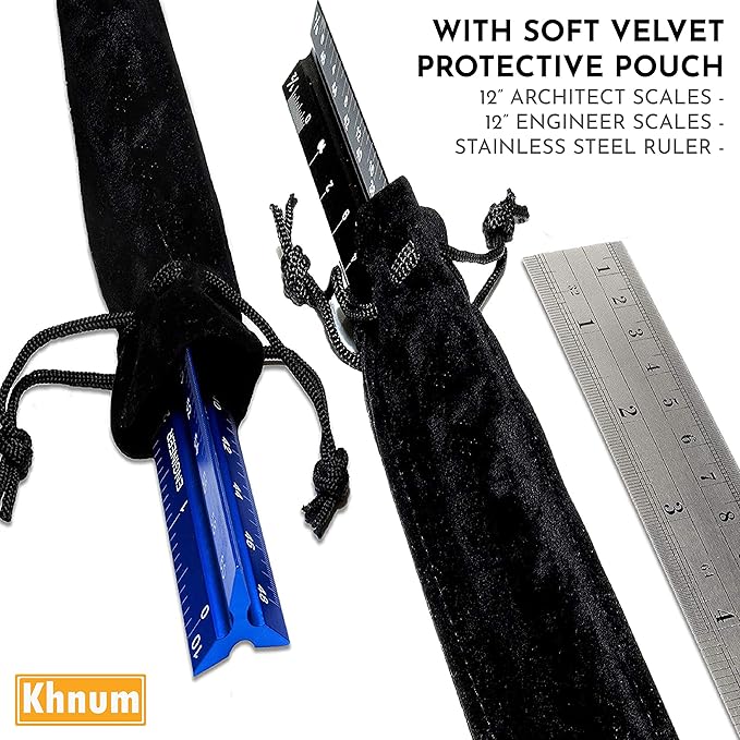 12-Inch Architectural and Engineering Scale Ruler Set (Imperial) | Laser-Etched Aluminum Triangular Drafting Tool | for Architect and Civil Engineer Blueprints | Standard Metal Ruler Included