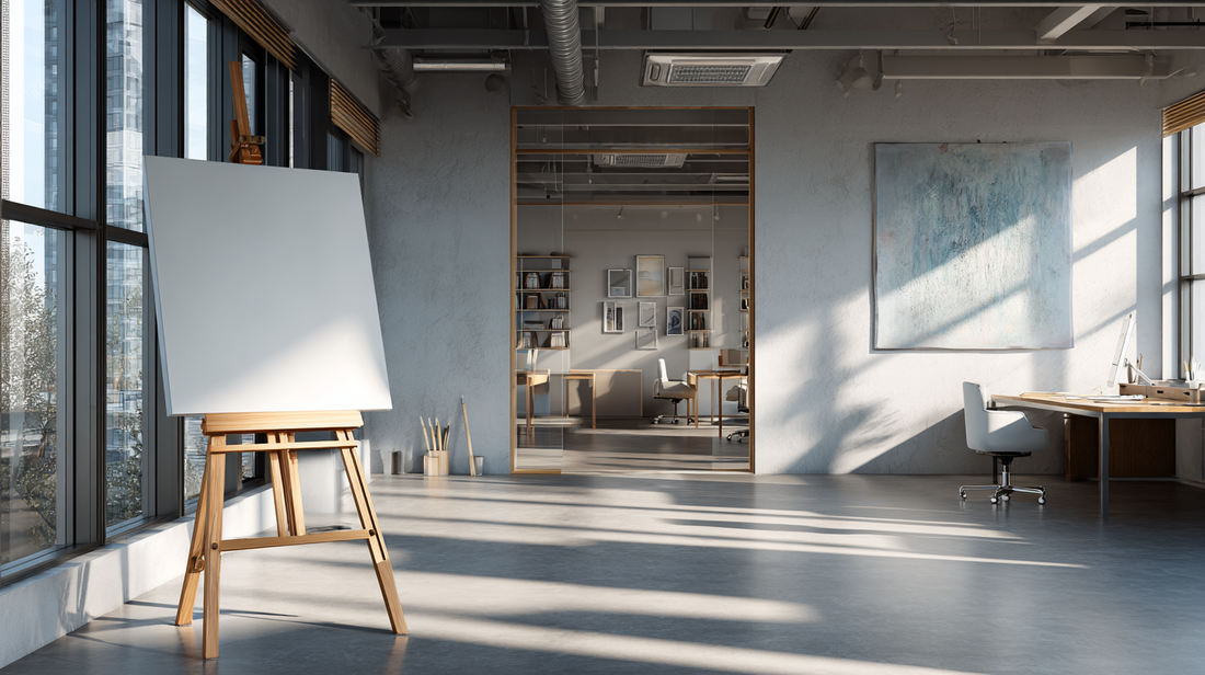 Bright modern office interior with a wooden easel holding a blank whiteboard, sunlight streaming through large windows, minimal and professional workspace design.