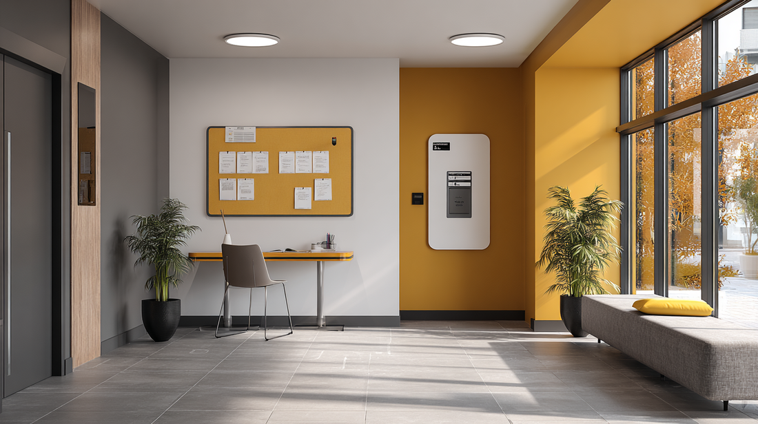 Modern office lobby with a yellow accent wall, a bulletin board displaying notes above a small desk, large windows with autumn trees outside, and bright natural lighting.